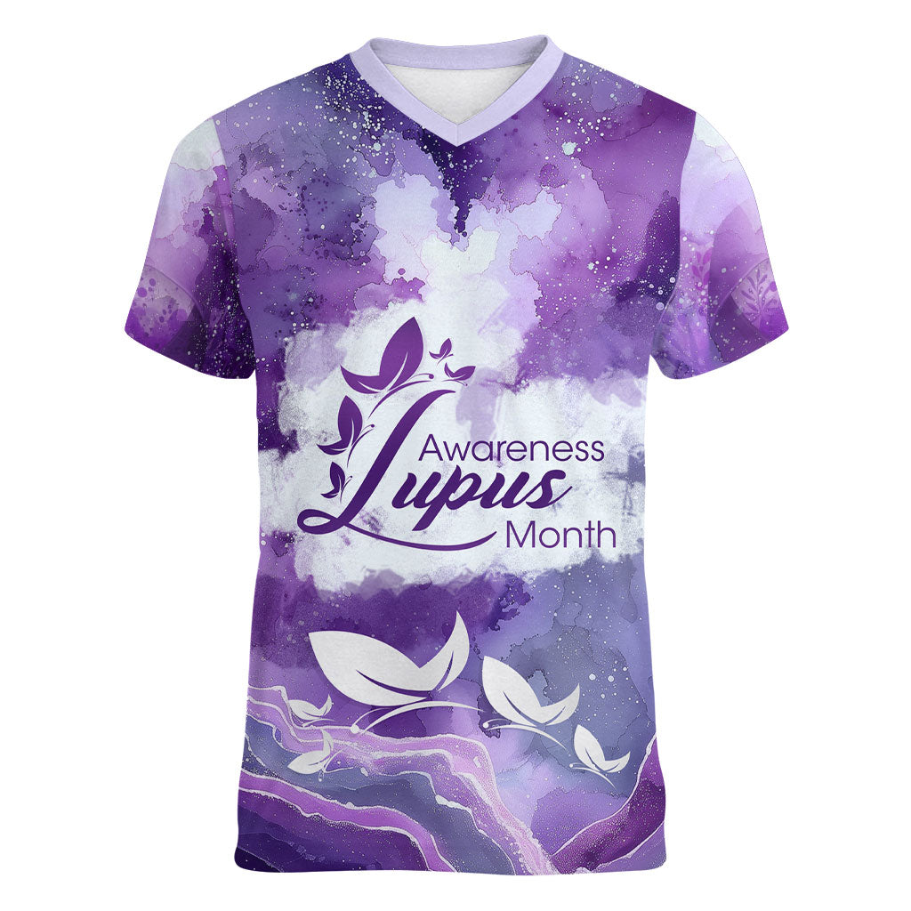 Lupus Awareness Month Women V-Neck T-Shirt Purple Ribbon Watercolor Galaxy Butterfly Floral Support Art