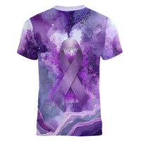Lupus Awareness Month Women V-Neck T-Shirt Purple Ribbon Watercolor Galaxy Butterfly Floral Support Art