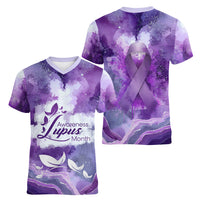 Lupus Awareness Month Women V-Neck T-Shirt Purple Ribbon Watercolor Galaxy Butterfly Floral Support Art