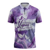 Lupus Awareness Month Zipper Polo Shirt Purple Ribbon Watercolor Galaxy Butterfly Floral Support Art