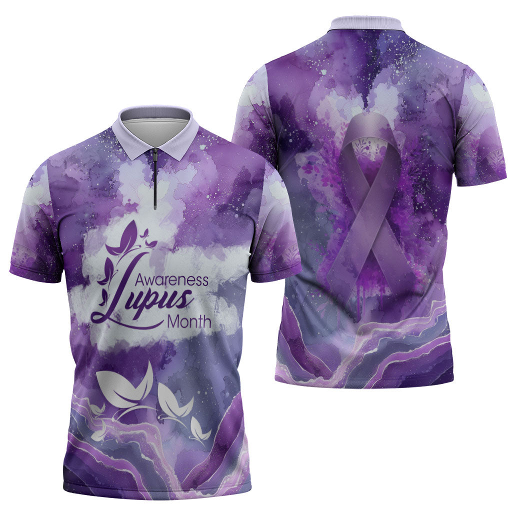 Lupus Awareness Month Zipper Polo Shirt Purple Ribbon Watercolor Galaxy Butterfly Floral Support Art