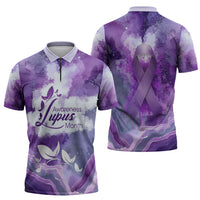 Lupus Awareness Month Zipper Polo Shirt Purple Ribbon Watercolor Galaxy Butterfly Floral Support Art
