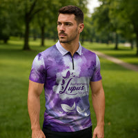 Lupus Awareness Month Zipper Polo Shirt Purple Ribbon Watercolor Galaxy Butterfly Floral Support Art