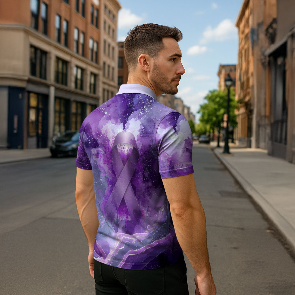 Lupus Awareness Month Zipper Polo Shirt Purple Ribbon Watercolor Galaxy Butterfly Floral Support Art