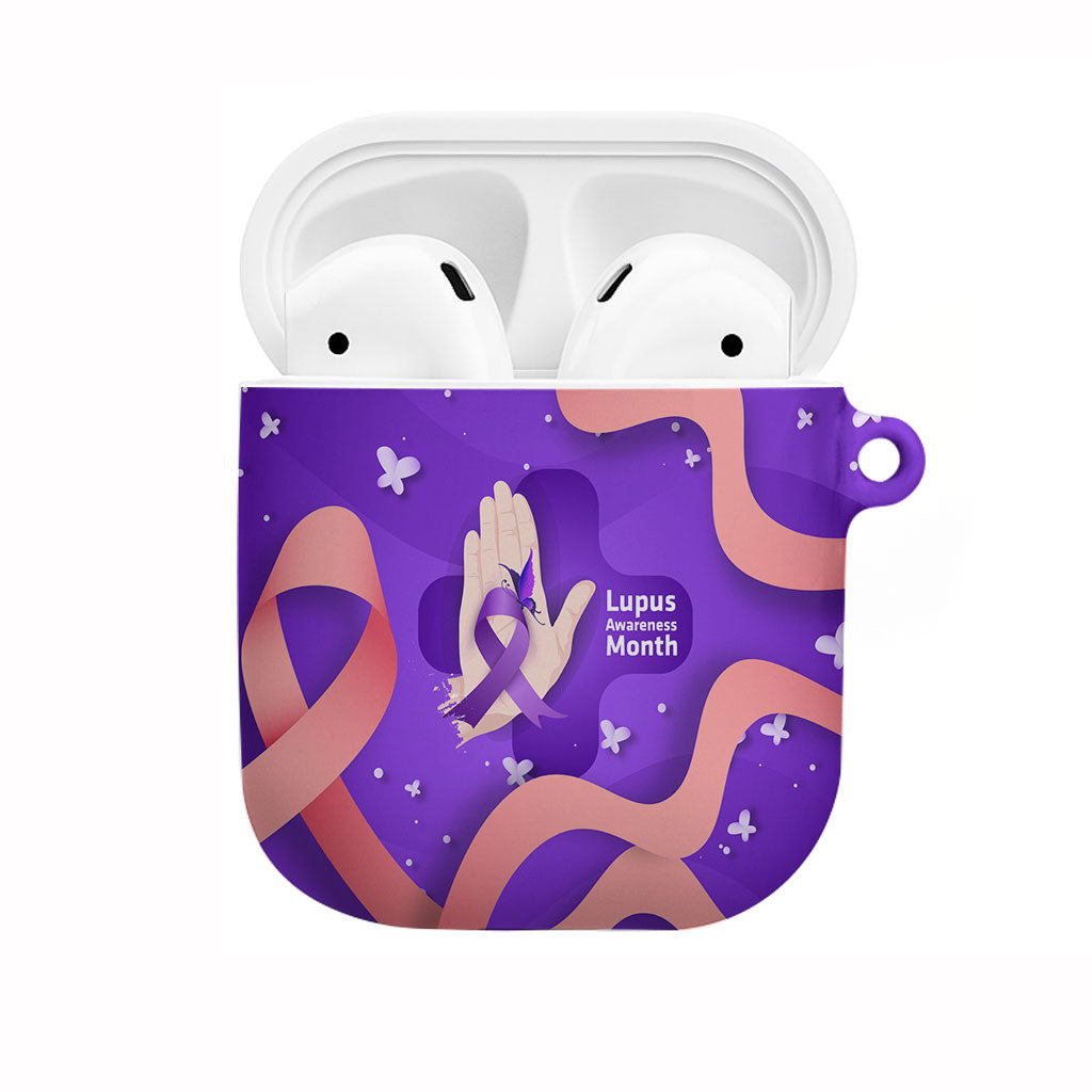 Lupus Awareness AirPods Case Her Fight Is My Fight - Purple Ribbon Butterfly Wave Style