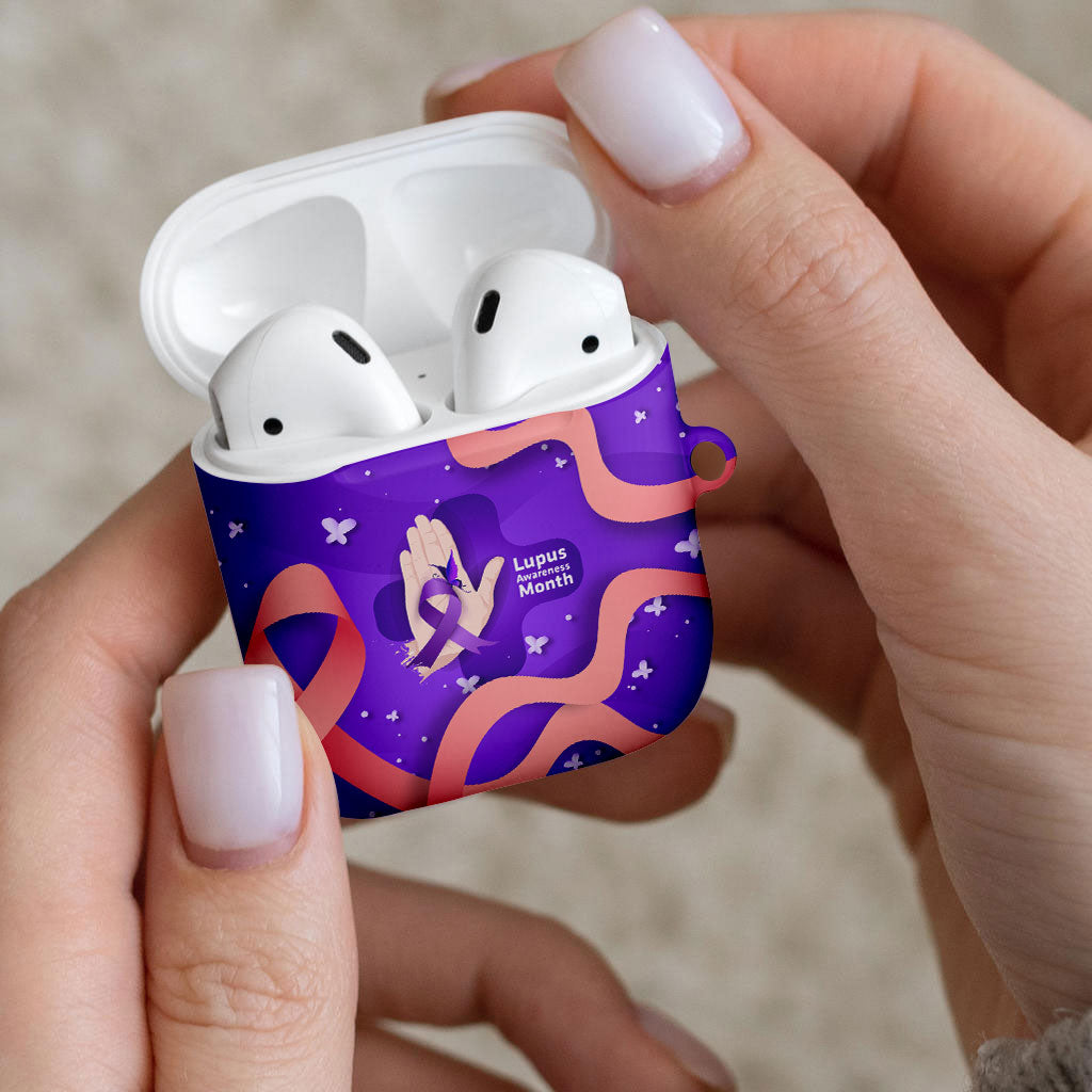 Lupus Awareness AirPods Case Her Fight Is My Fight - Purple Ribbon Butterfly Wave Style