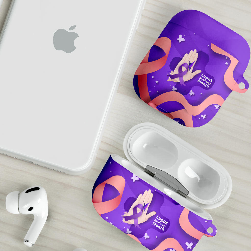 Lupus Awareness AirPods Case Her Fight Is My Fight - Purple Ribbon Butterfly Wave Style