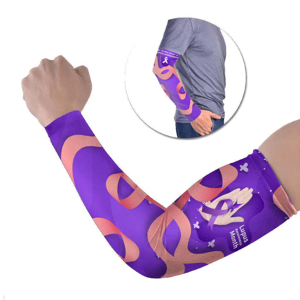 Lupus Awareness Arm Sleeves Her Fight Is My Fight - Purple Ribbon Butterfly Wave Style
