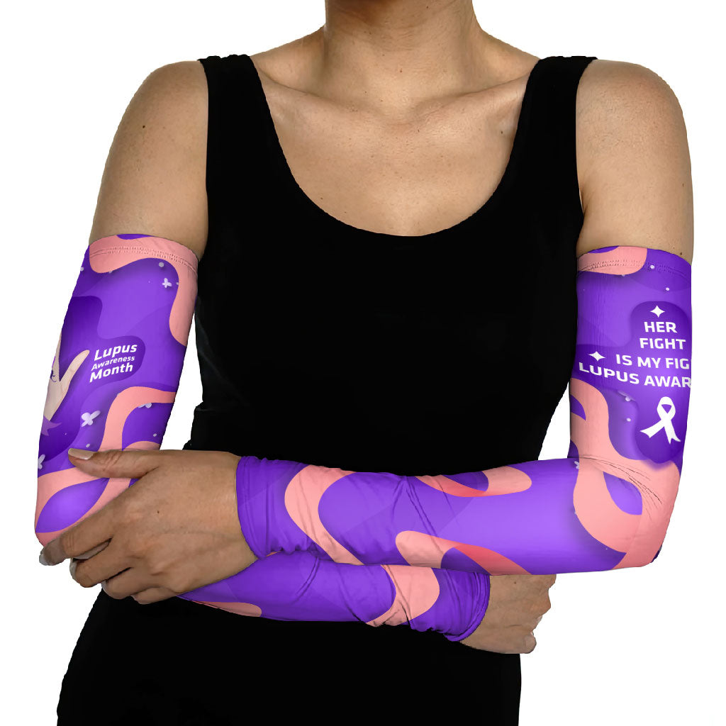 Lupus Awareness Arm Sleeves Her Fight Is My Fight - Purple Ribbon Butterfly Wave Style