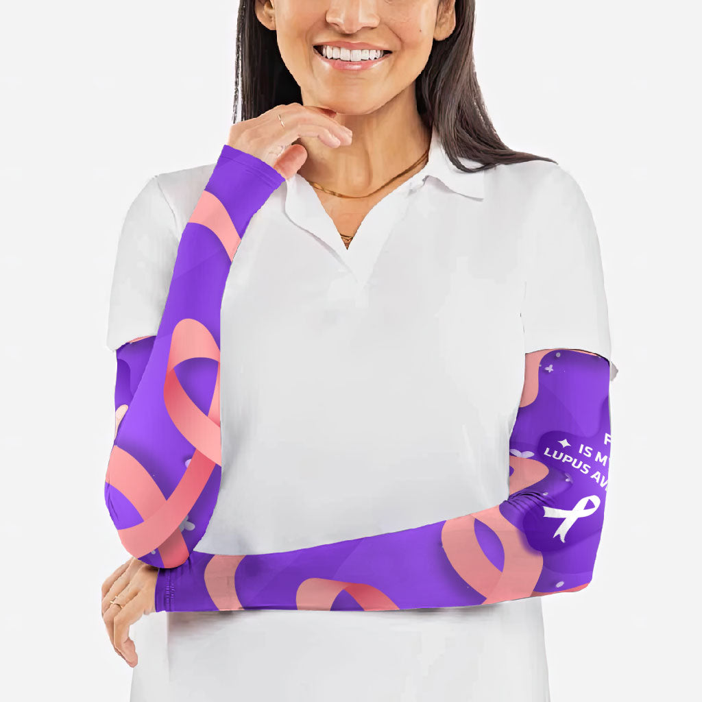 Lupus Awareness Arm Sleeves Her Fight Is My Fight - Purple Ribbon Butterfly Wave Style