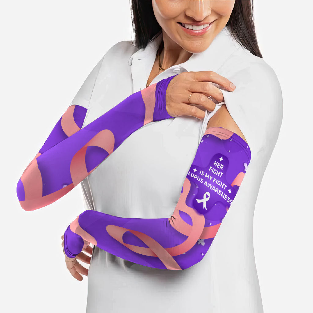 Lupus Awareness Arm Sleeves Her Fight Is My Fight - Purple Ribbon Butterfly Wave Style