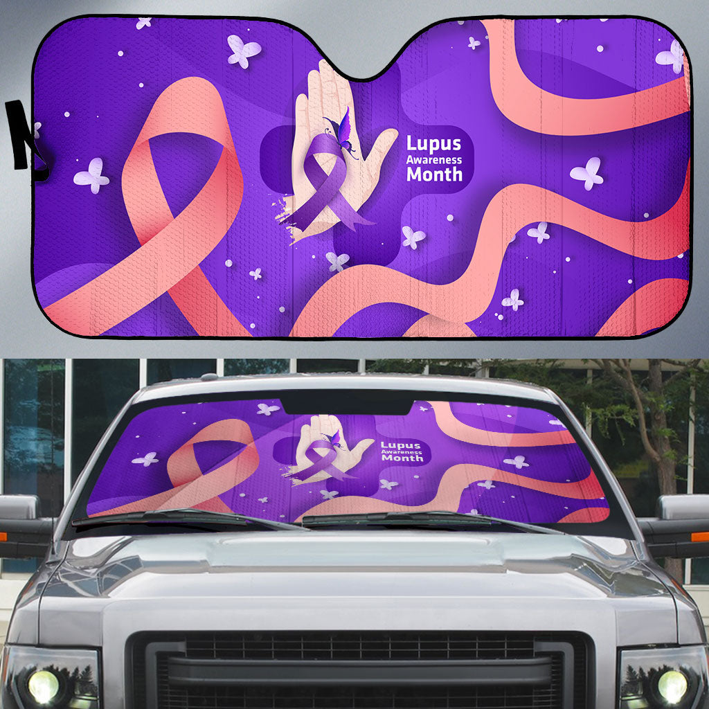 Lupus Awareness Auto Sun Shade Her Fight Is My Fight - Purple Ribbon Butterfly Wave Style