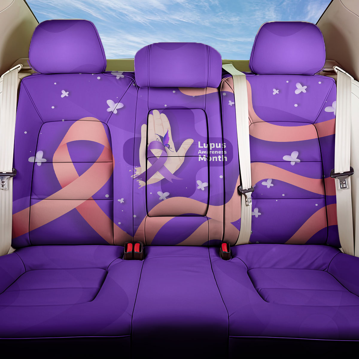 Lupus Awareness Back Car Seat Cover Her Fight Is My Fight - Purple Ribbon Butterfly Wave Style