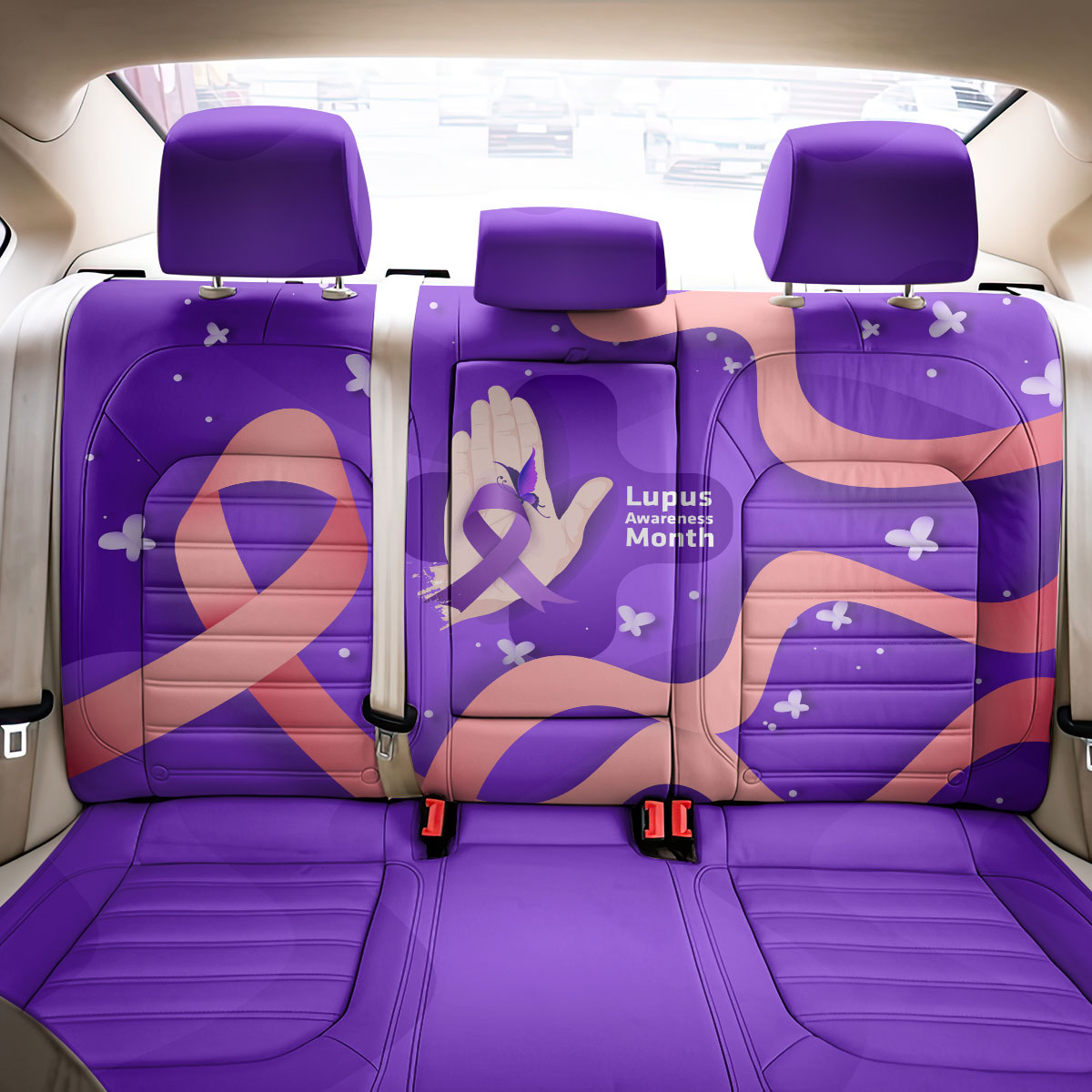 Lupus Awareness Back Car Seat Cover Her Fight Is My Fight - Purple Ribbon Butterfly Wave Style