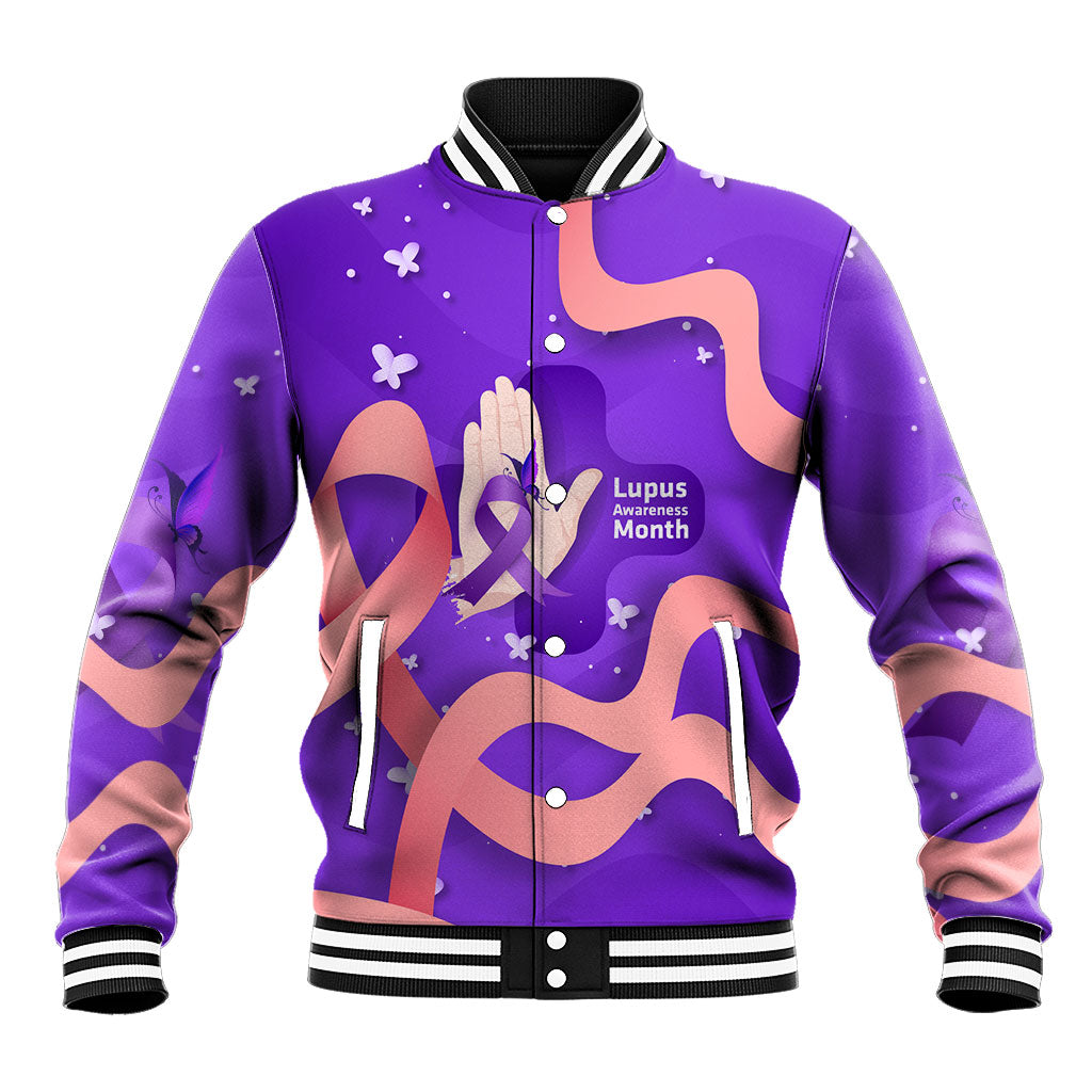 Lupus Awareness Baseball Jacket Her Fight Is My Fight - Purple Ribbon Butterfly Wave Style