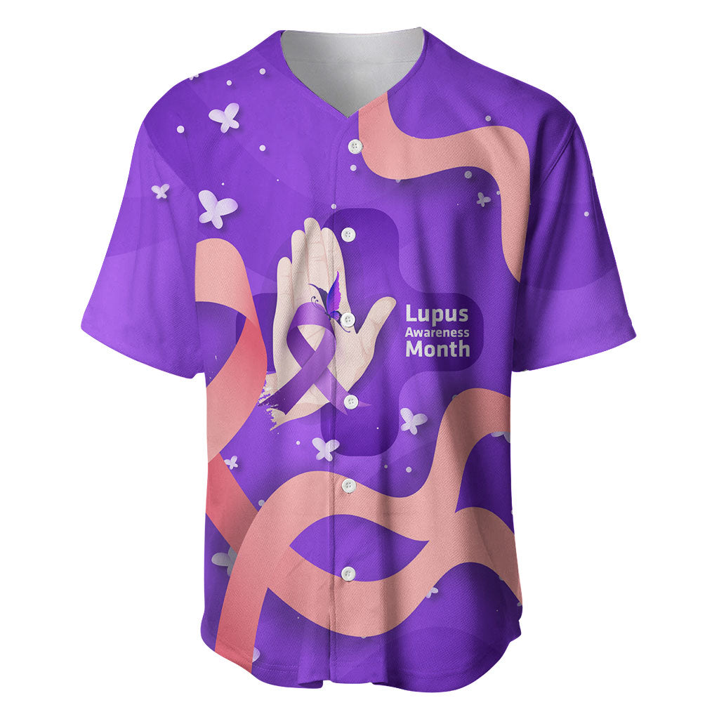 Lupus Awareness Baseball Jersey Her Fight Is My Fight - Purple Ribbon Butterfly Wave Style