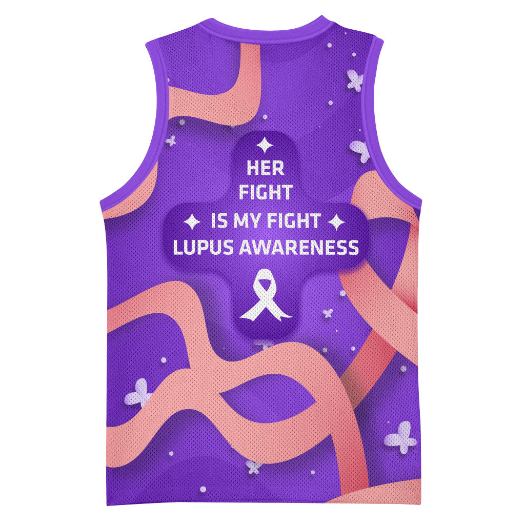 Lupus Awareness Basketball Jersey Her Fight Is My Fight - Purple Ribbon Butterfly Wave Style