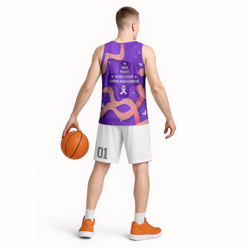 Lupus Awareness Basketball Jersey Her Fight Is My Fight - Purple Ribbon Butterfly Wave Style