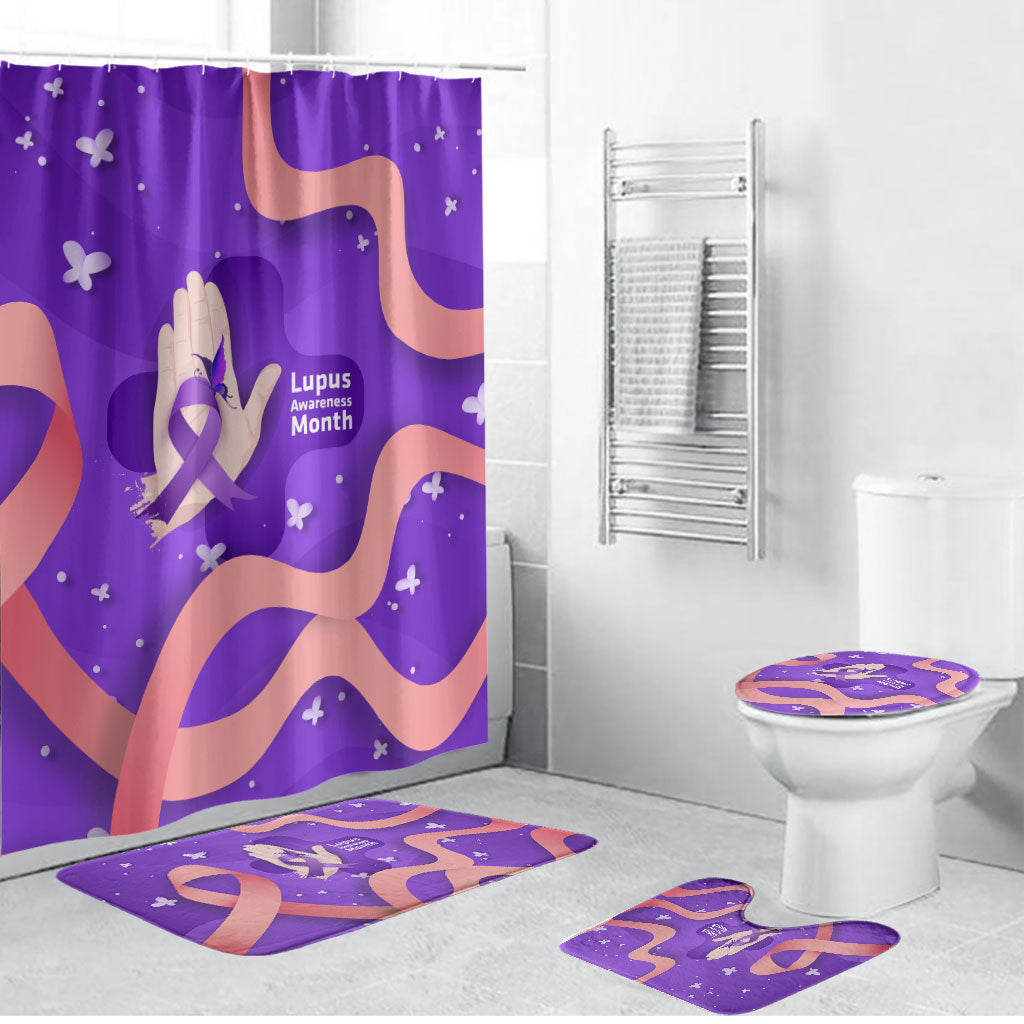 Lupus Awareness Bathroom Set Her Fight Is My Fight - Purple Ribbon Butterfly Wave Style