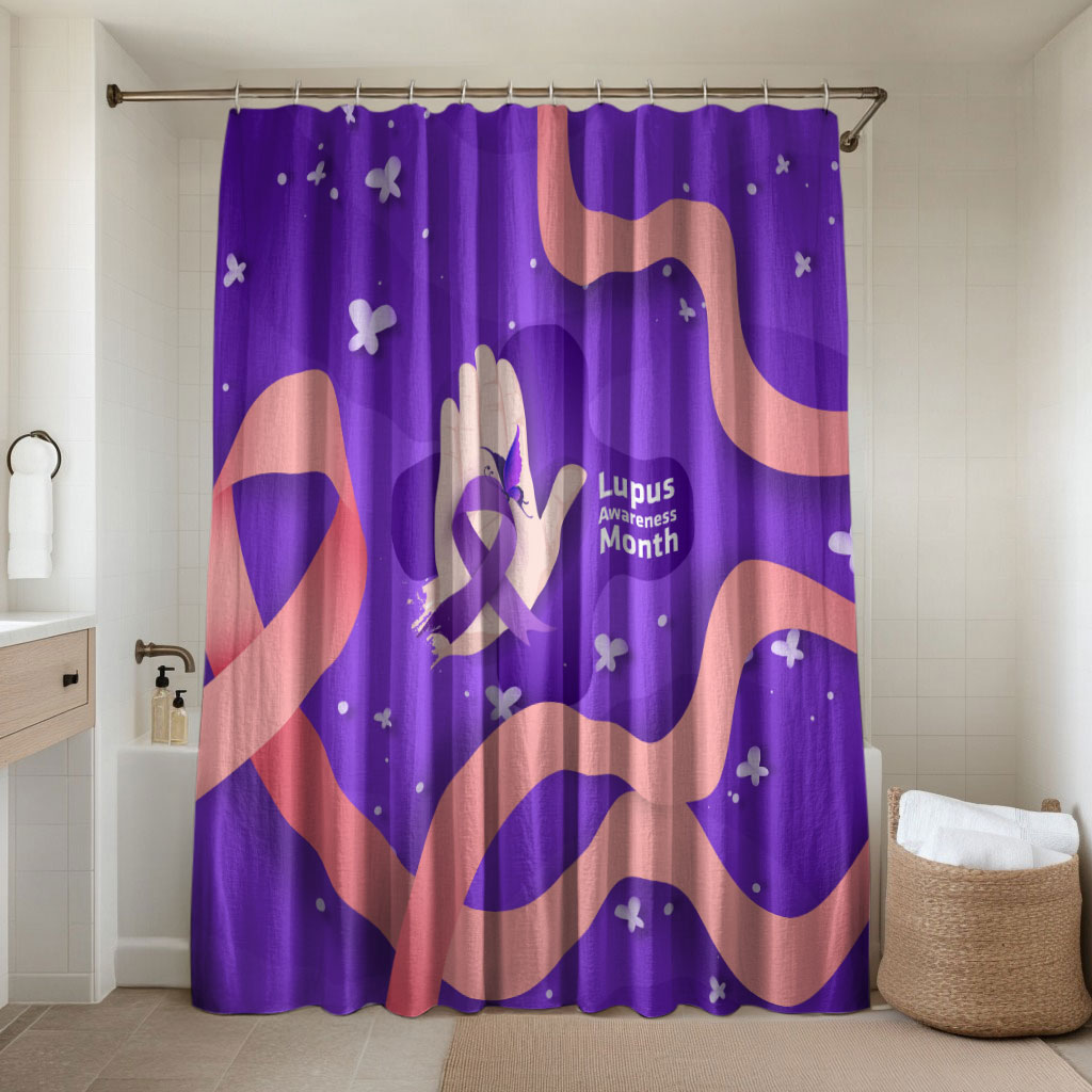 Lupus Awareness Bathroom Set Her Fight Is My Fight - Purple Ribbon Butterfly Wave Style