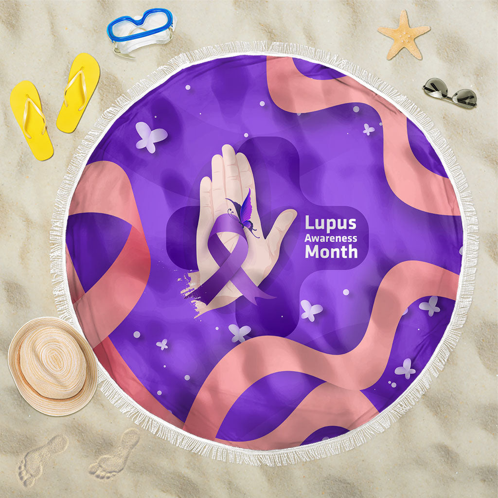 Lupus Awareness Beach Blanket Her Fight Is My Fight - Purple Ribbon Butterfly Wave Style