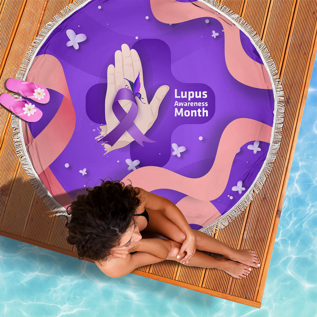 Lupus Awareness Beach Blanket Her Fight Is My Fight - Purple Ribbon Butterfly Wave Style