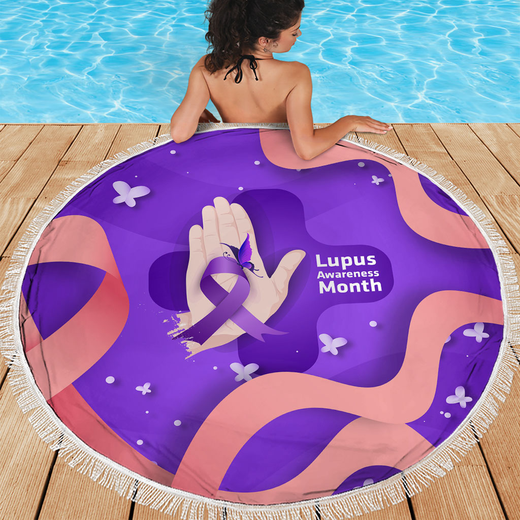 Lupus Awareness Beach Blanket Her Fight Is My Fight - Purple Ribbon Butterfly Wave Style