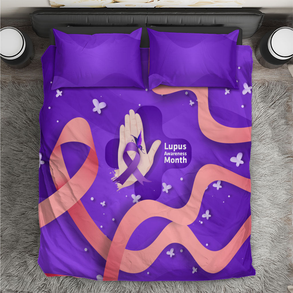 Lupus Awareness Bedding Set Her Fight Is My Fight - Purple Ribbon Butterfly Wave Style