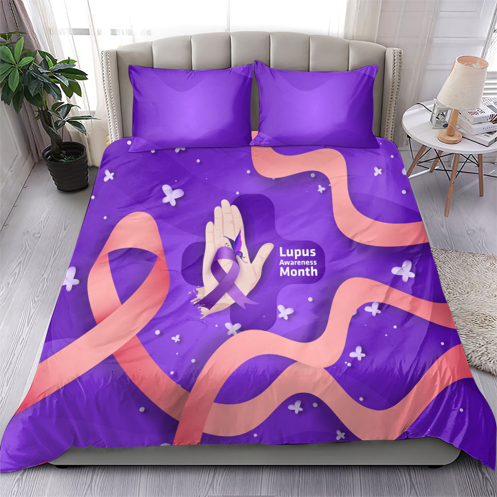 Lupus Awareness Bedding Set Her Fight Is My Fight - Purple Ribbon Butterfly Wave Style