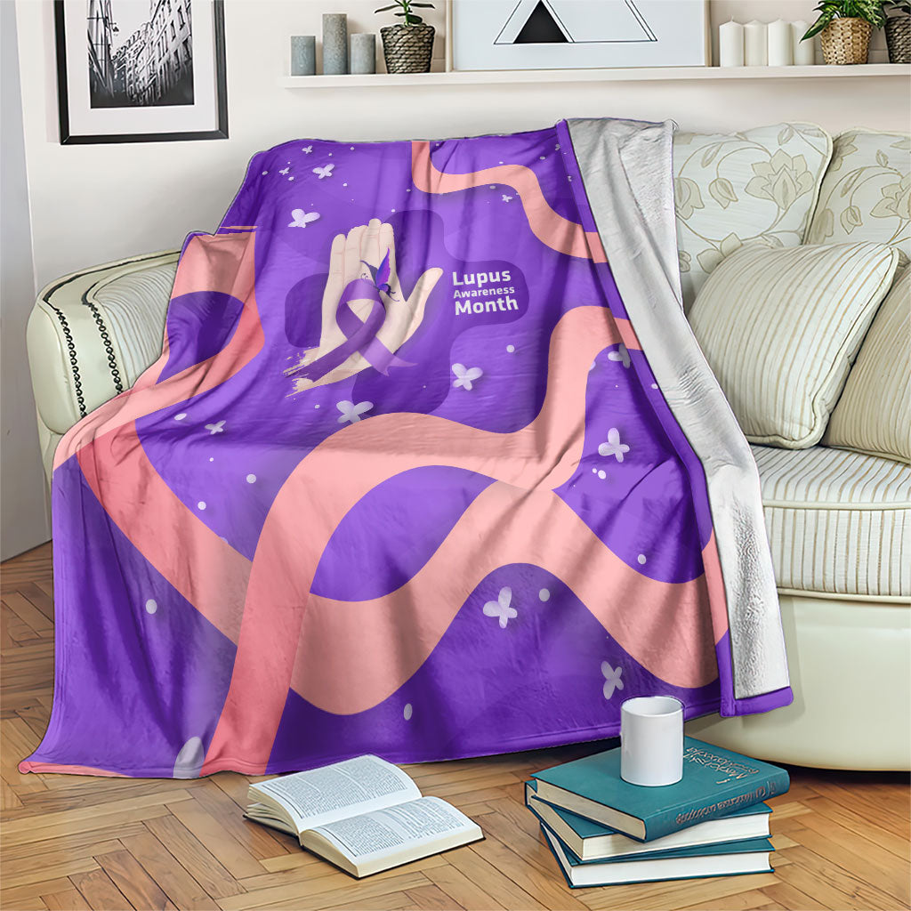 Lupus Awareness Blanket Her Fight Is My Fight - Purple Ribbon Butterfly Wave Style