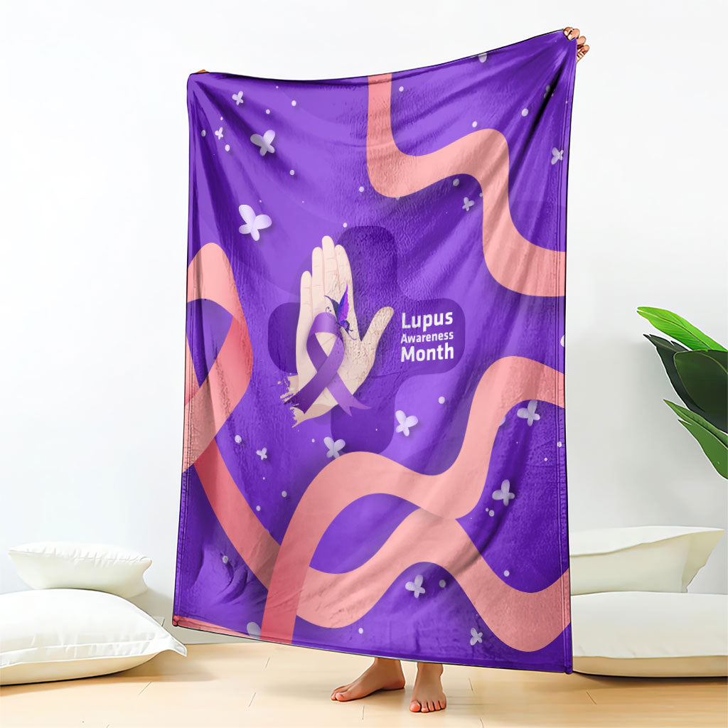Lupus Awareness Blanket Her Fight Is My Fight - Purple Ribbon Butterfly Wave Style