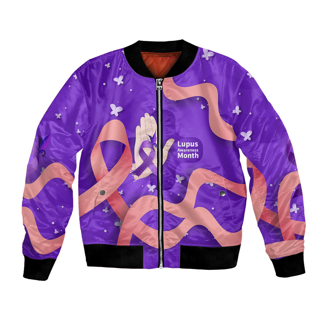 Lupus Awareness Bomber Jacket Her Fight Is My Fight - Purple Ribbon Butterfly Wave Style