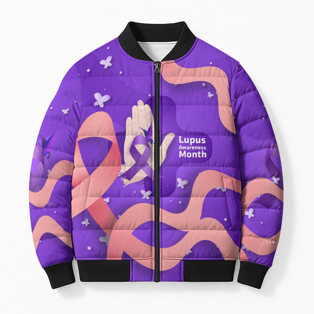 Lupus Awareness Bomber Puffer Jacket Her Fight Is My Fight - Purple Ribbon Butterfly Wave Style