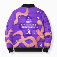 Lupus Awareness Bomber Puffer Jacket Her Fight Is My Fight - Purple Ribbon Butterfly Wave Style