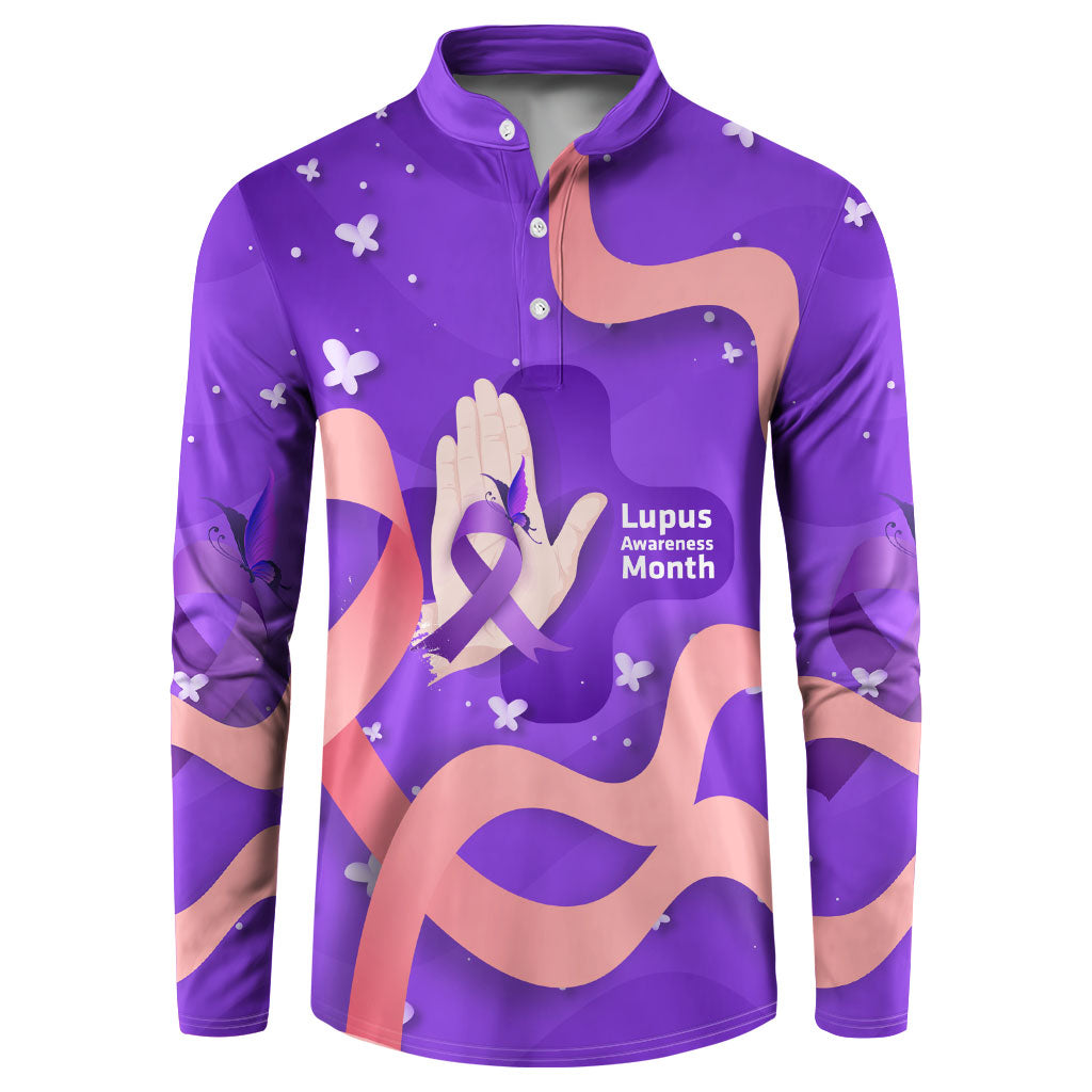 Lupus Awareness Button Sweatshirt Her Fight Is My Fight - Purple Ribbon Butterfly Wave Style