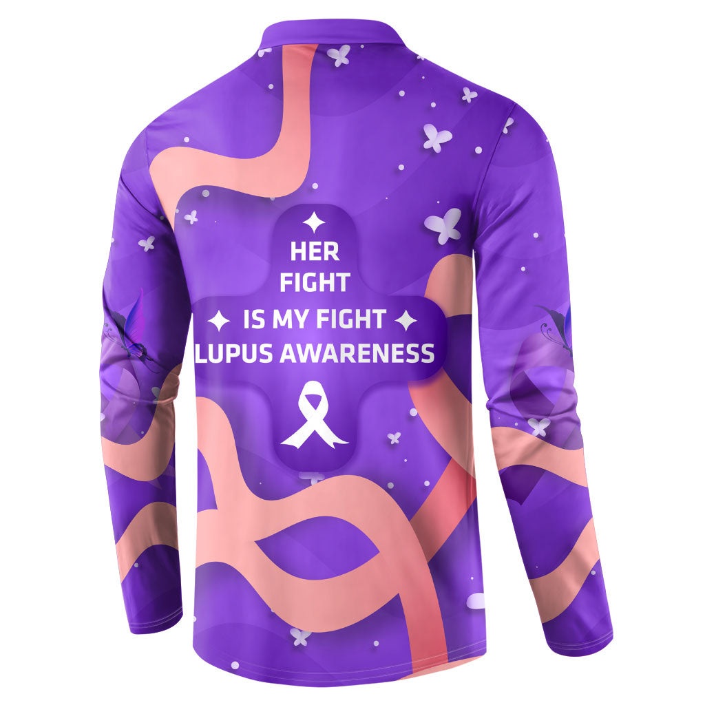 Lupus Awareness Button Sweatshirt Her Fight Is My Fight - Purple Ribbon Butterfly Wave Style
