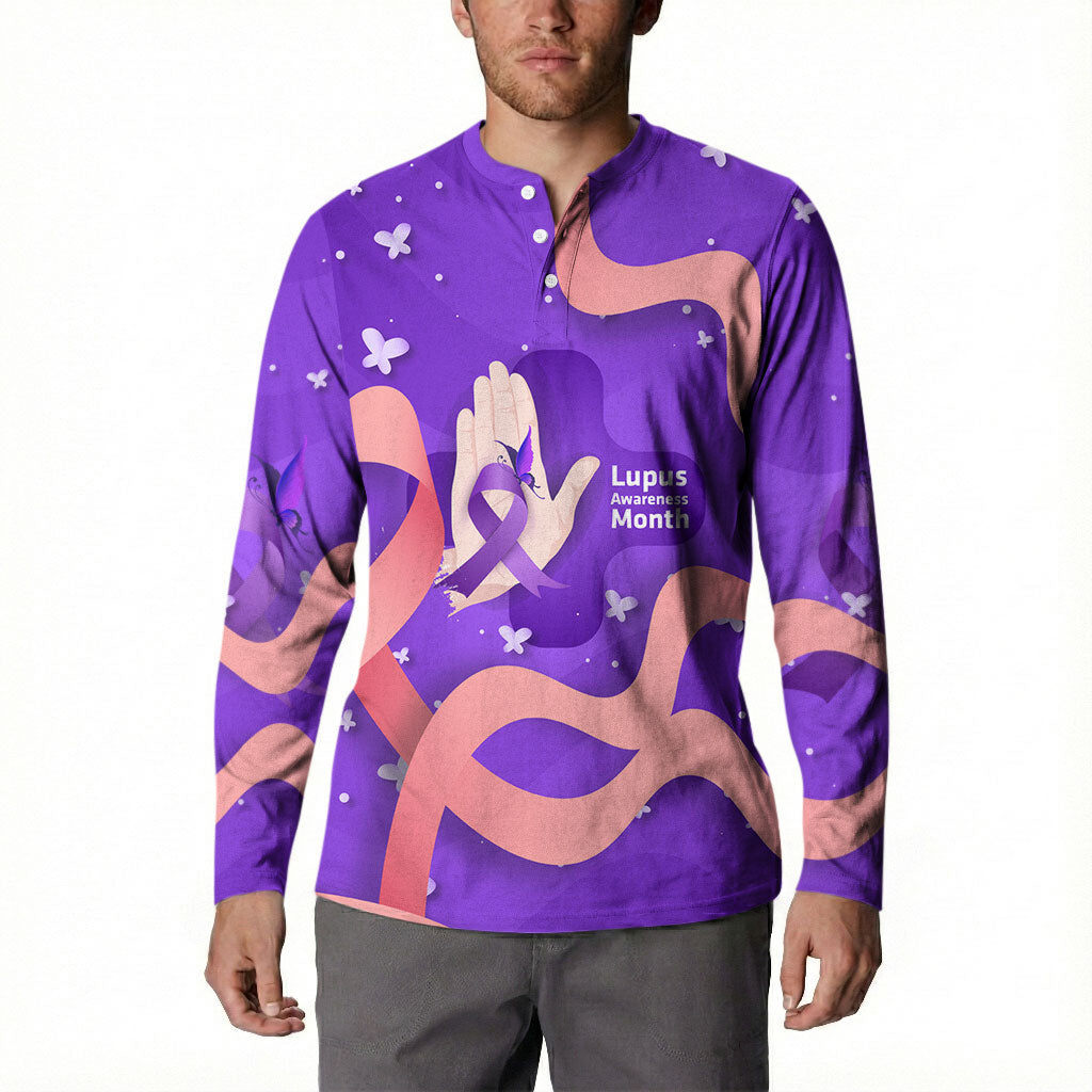 Lupus Awareness Button Sweatshirt Her Fight Is My Fight - Purple Ribbon Butterfly Wave Style