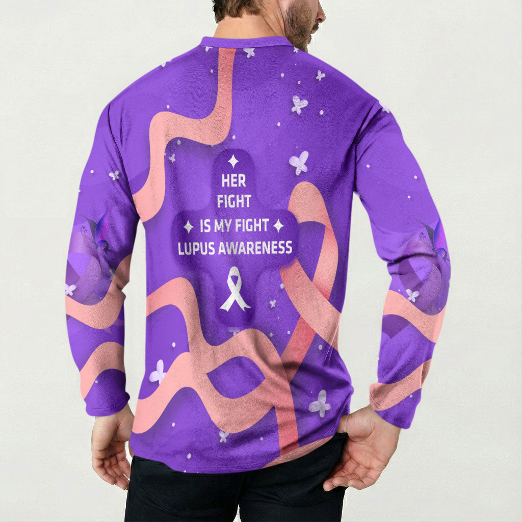 Lupus Awareness Button Sweatshirt Her Fight Is My Fight - Purple Ribbon Butterfly Wave Style