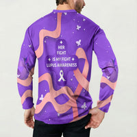 Lupus Awareness Button Sweatshirt Her Fight Is My Fight - Purple Ribbon Butterfly Wave Style