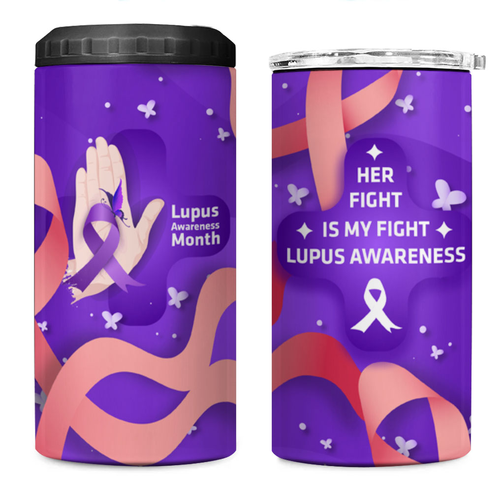 Lupus Awareness 4 in 1 Can Cooler Tumbler Her Fight Is My Fight - Purple Ribbon Butterfly Wave Style