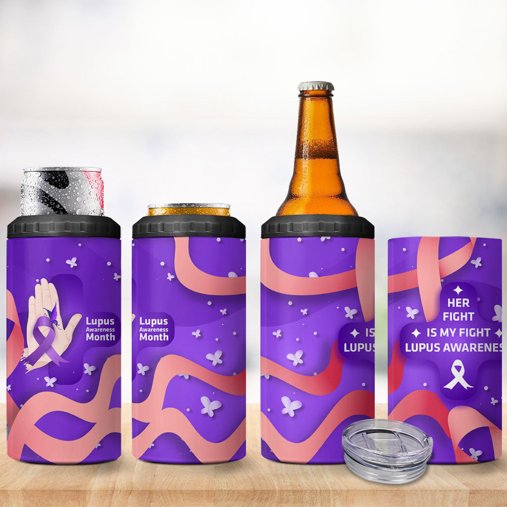 Lupus Awareness 4 in 1 Can Cooler Tumbler Her Fight Is My Fight - Purple Ribbon Butterfly Wave Style