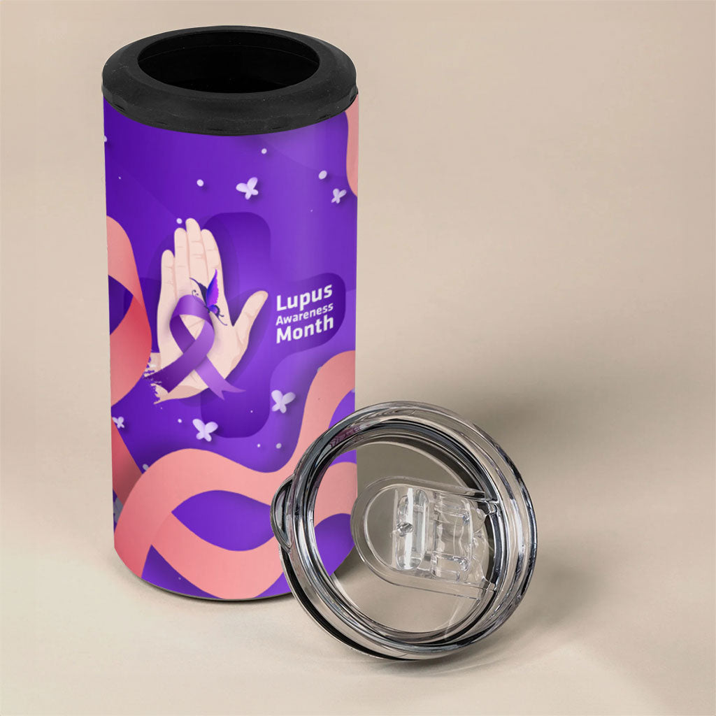 Lupus Awareness 4 in 1 Can Cooler Tumbler Her Fight Is My Fight - Purple Ribbon Butterfly Wave Style