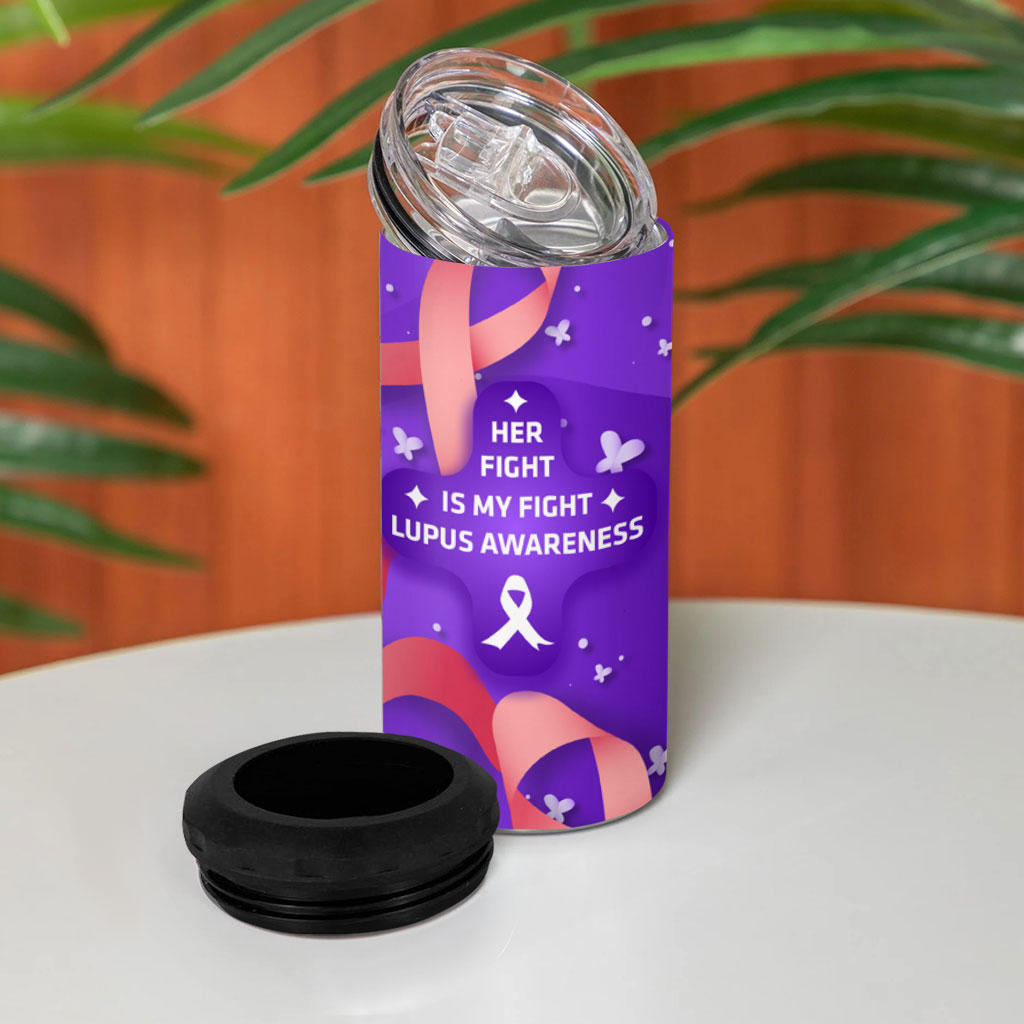 Lupus Awareness 4 in 1 Can Cooler Tumbler Her Fight Is My Fight - Purple Ribbon Butterfly Wave Style