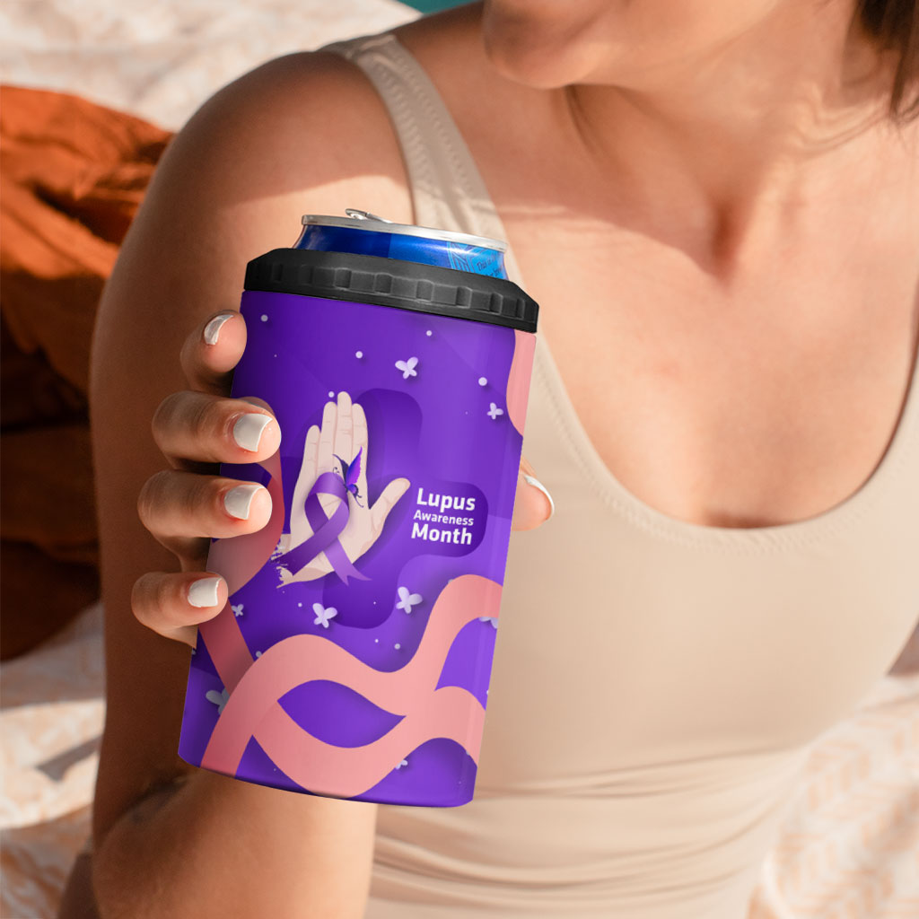 Lupus Awareness 4 in 1 Can Cooler Tumbler Her Fight Is My Fight - Purple Ribbon Butterfly Wave Style