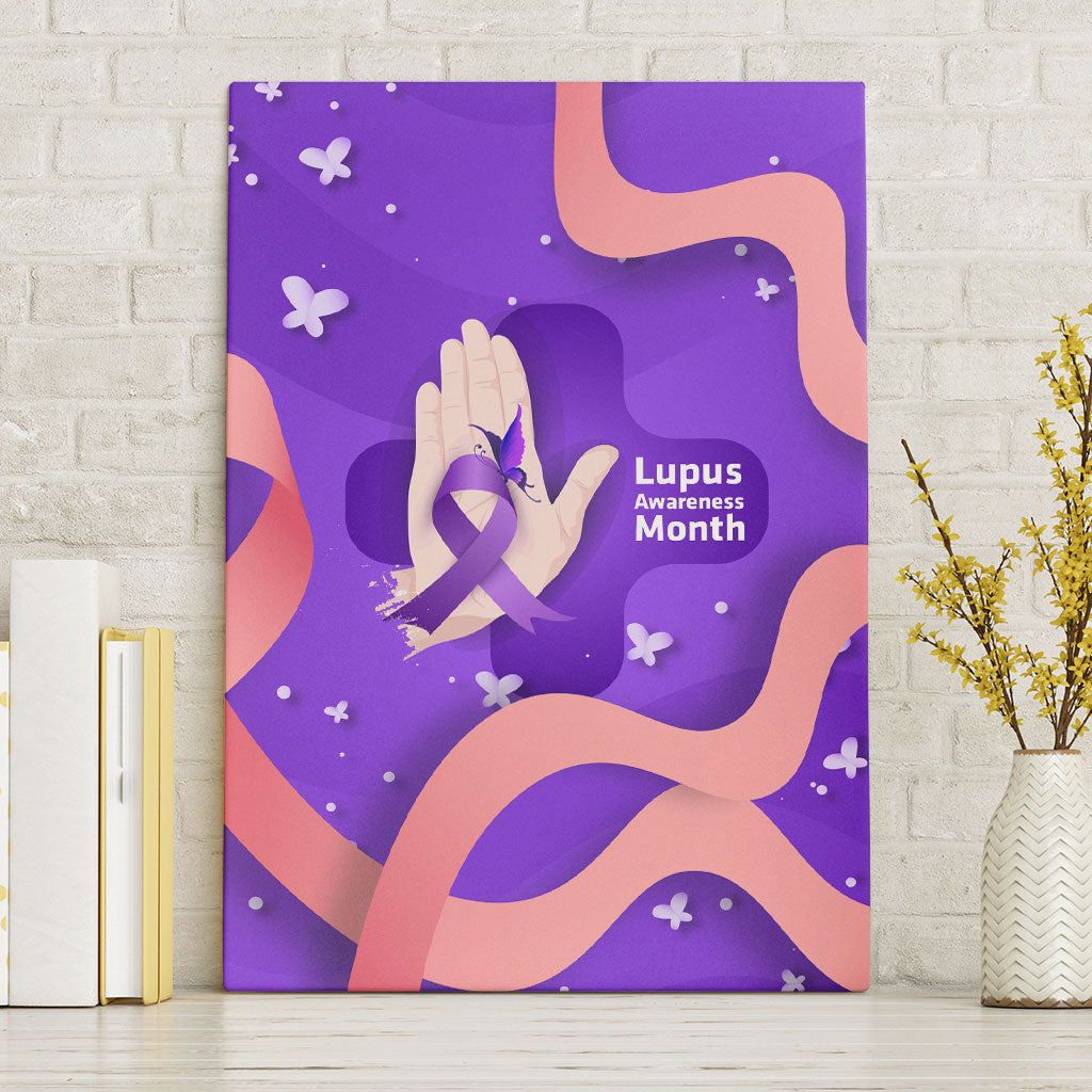 Lupus Awareness Canvas Wall Art Her Fight Is My Fight - Purple Ribbon Butterfly Wave Style
