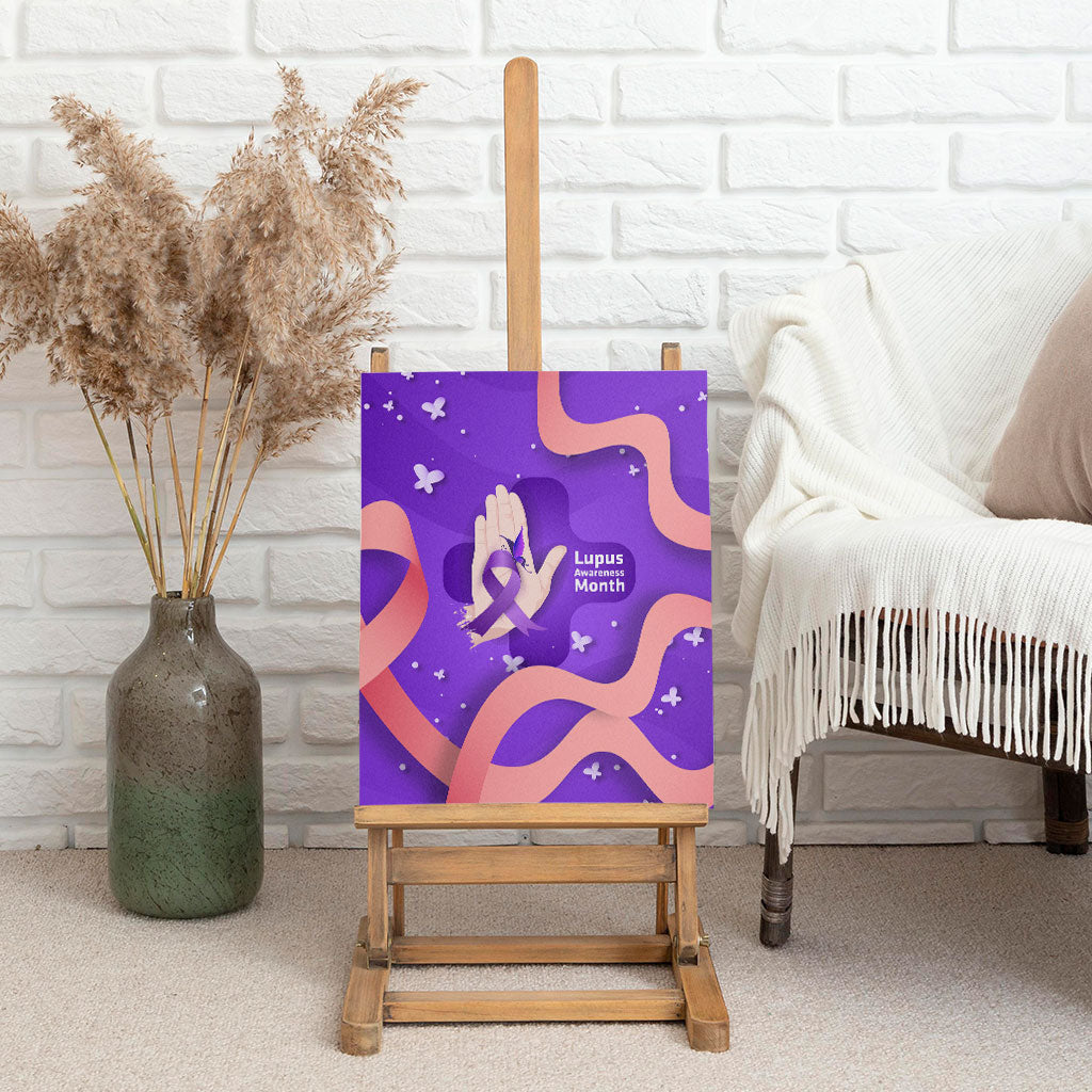 Lupus Awareness Canvas Wall Art Her Fight Is My Fight - Purple Ribbon Butterfly Wave Style