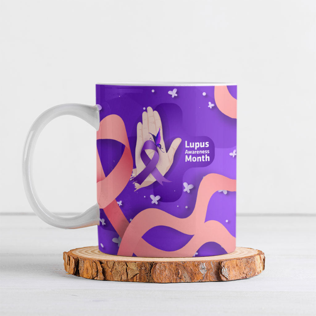 Lupus Awareness Ceramic Mug Her Fight Is My Fight - Purple Ribbon Butterfly Wave Style