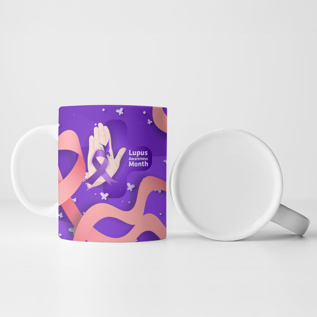 Lupus Awareness Ceramic Mug Her Fight Is My Fight - Purple Ribbon Butterfly Wave Style