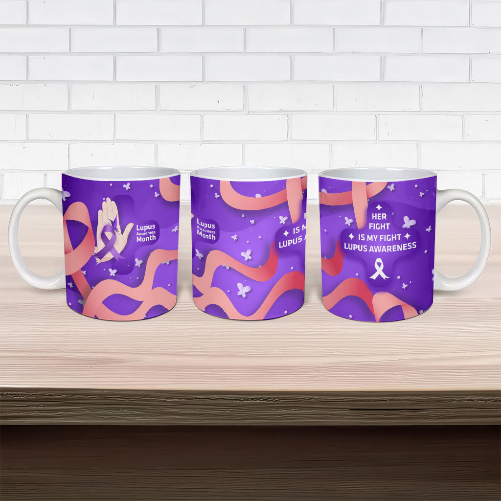 Lupus Awareness Ceramic Mug Her Fight Is My Fight - Purple Ribbon Butterfly Wave Style