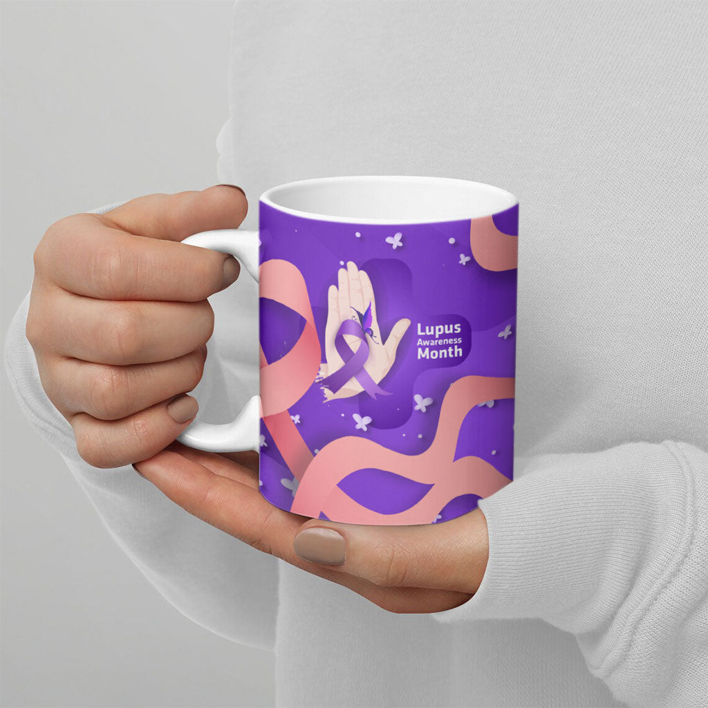 Lupus Awareness Ceramic Mug Her Fight Is My Fight - Purple Ribbon Butterfly Wave Style